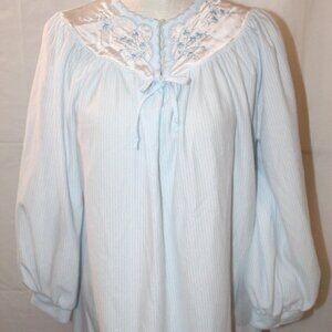 Vintage Soft Fleece Nightgown Medium Blue Stripe Embroidered Floral Collar w Tie